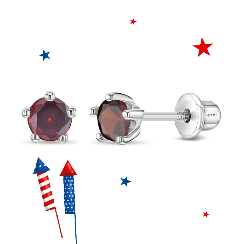 Classic And Modern Jewelry Styles On Sale Classic CZ Birthstone Solitaire 4mm January Garnet Capricorn Baby / Toddler / Kids Earrings Screw Back - Sterling Silver