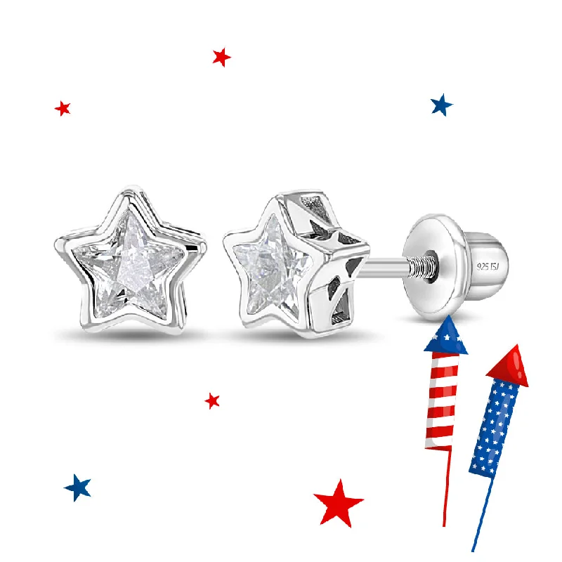 Bestselling Jewelry At Special Promotional Rates CZ Birthstone Star Simulated Diamond Kids / Children's / Girls Earrings Screw Back - Sterling Silver