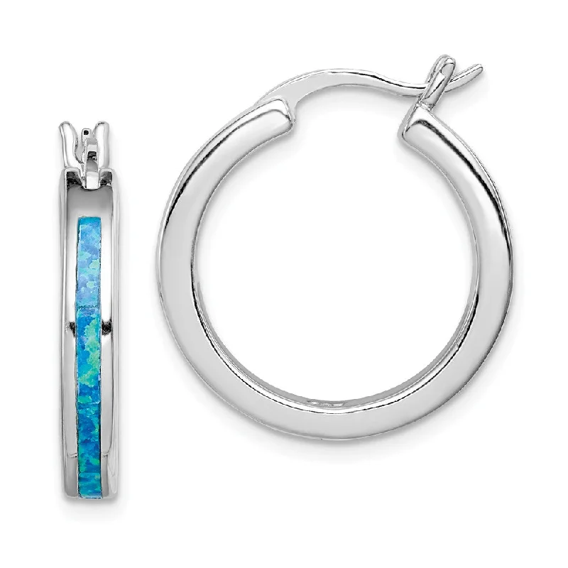 Timeless Jewelry, Timeless Savings – Don't Wait Created Blue Opal Inlay Round Hoop Earrings in Silver, 20mm (3/4 in)