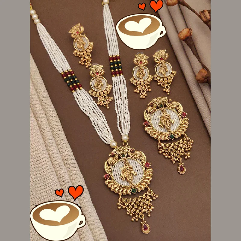 Fashion-Forward Geometric Jewelry For Contemporary Style FS Collection Gold Plated Pota Stone And Pearls Temple Long Necklace Set