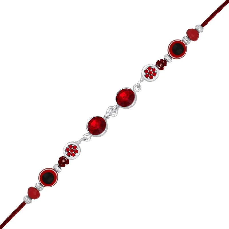 Elegant Rose Gold Jewelry For A Stylish Touch Mahi Rhodium Plated Red Crystals Studded Evil Eye Rakhi for Bhaiya, Brother, Bhai, Bro (RA1100786RRed)