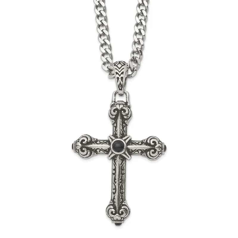 Gorgeous Jewelry, Limited-Time Savings Stainless Steel Synthetic Black Agate XXL Antique Cross Necklace 24 In